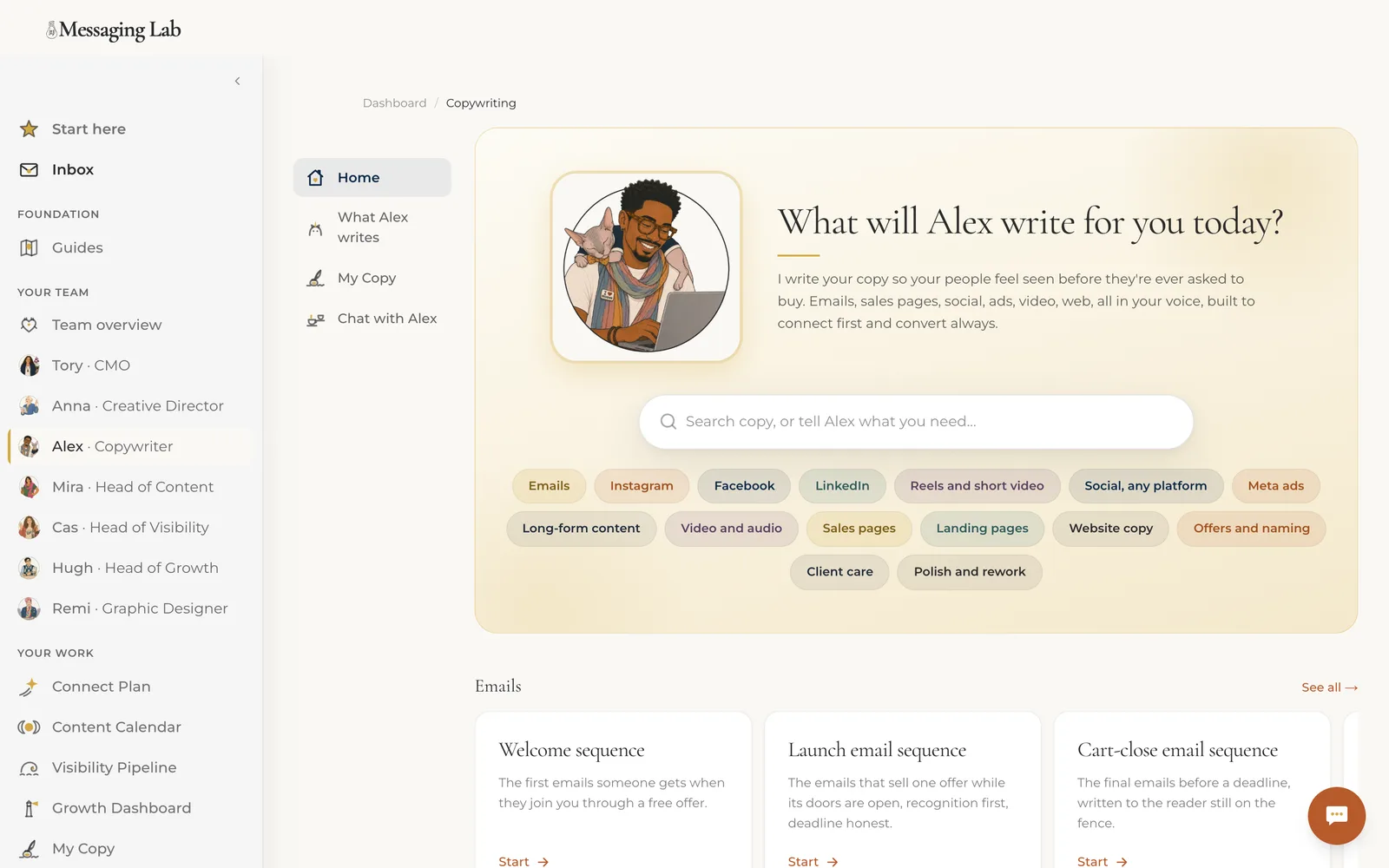Alex's copywriting hub inside the Lab, with the shelves of copy pieces the team writes