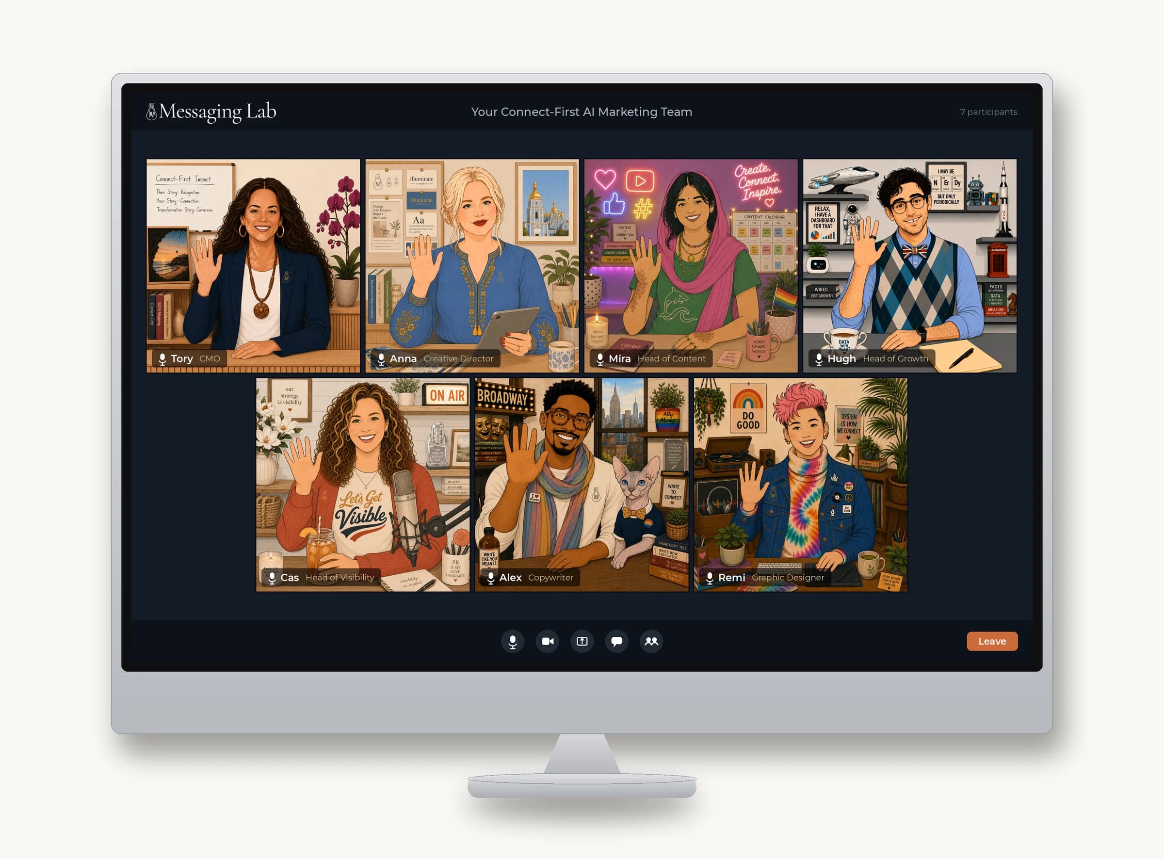 The Messaging Lab Connect-First AI marketing team on a video call: Tory, Anna, Mira, Hugh, Cas, Alex, and Remi